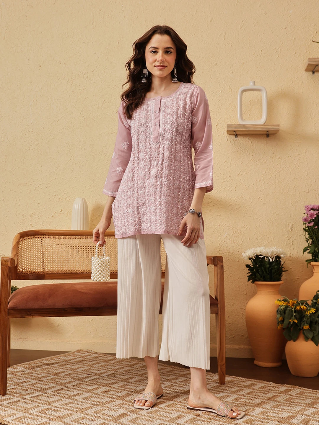 Ada Hand Embroidered Dusty Pink Cotton Lucknowi Chikankari Short Kurti A911529