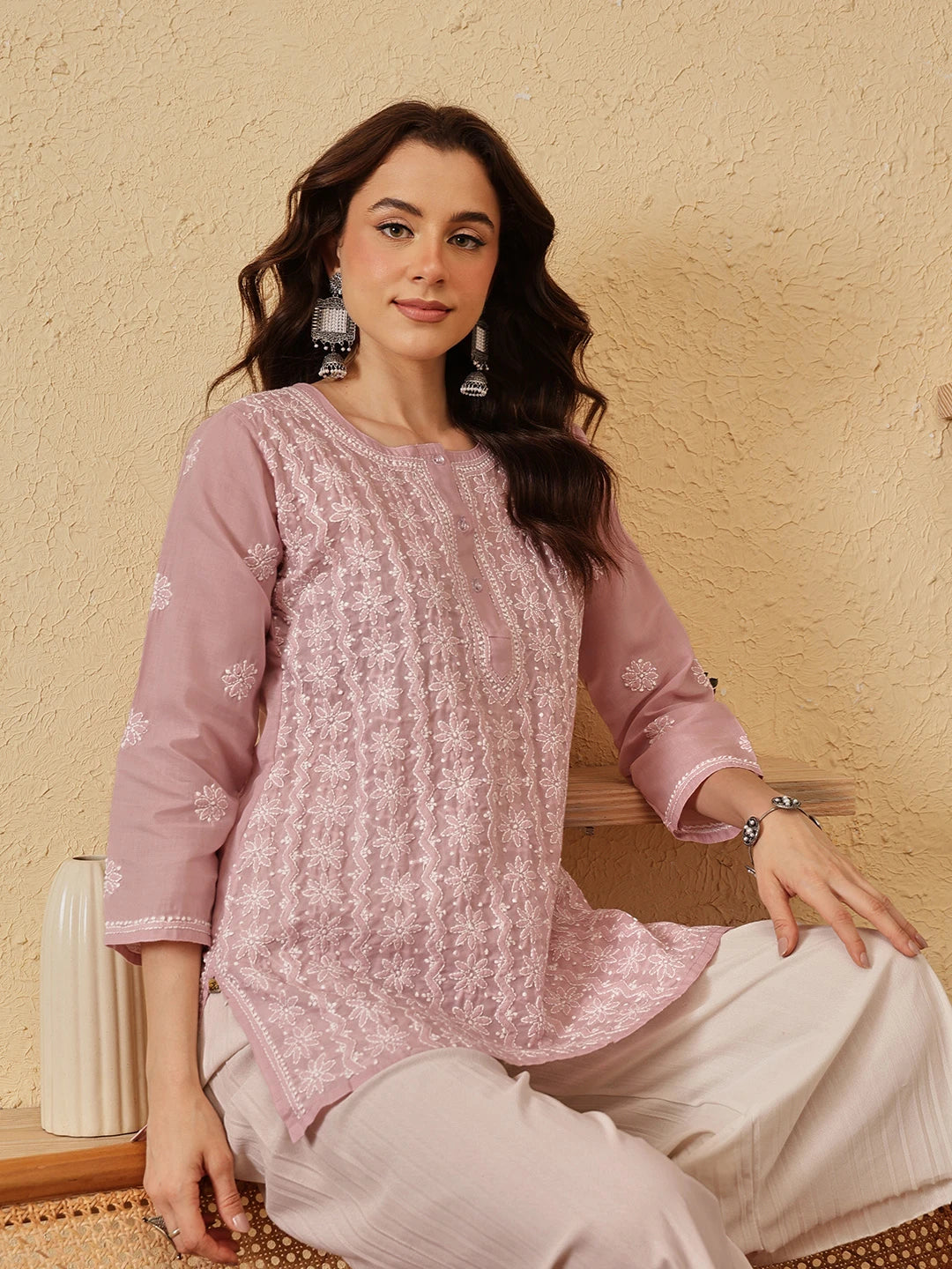 Ada Hand Embroidered Dusty Pink Cotton Lucknowi Chikankari Short Kurti A911529