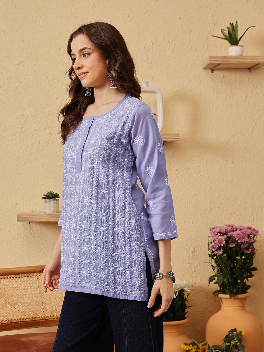 Ada Hand Embroidered Mauve Cotton Lucknowi Chikankari Short Kurti A911530