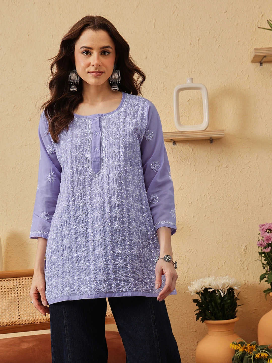 Ada Hand Embroidered Mauve Cotton Lucknowi Chikankari Short Kurti A911530