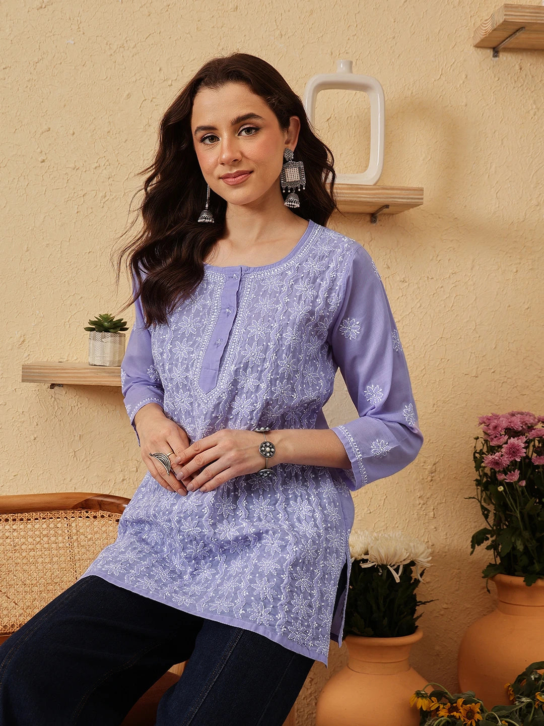 Ada Hand Embroidered Mauve Cotton Lucknowi Chikankari Short Kurti A911530