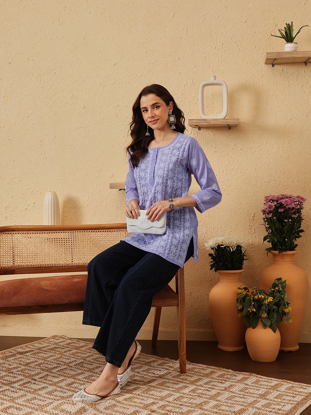 Ada Hand Embroidered Mauve Cotton Lucknowi Chikankari Short Kurti A911530