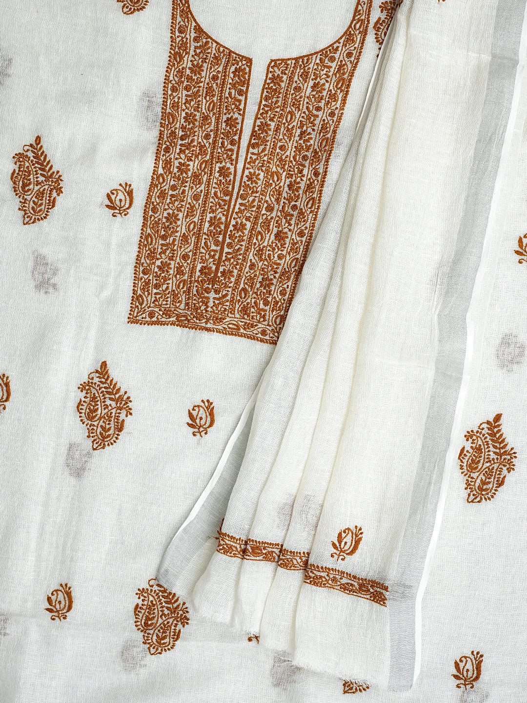 Ada Hand Embroidered White Cosmic Latte Khadi Lucknowi Chikankari Unstitched Kurta Dupatta Set 01A841573