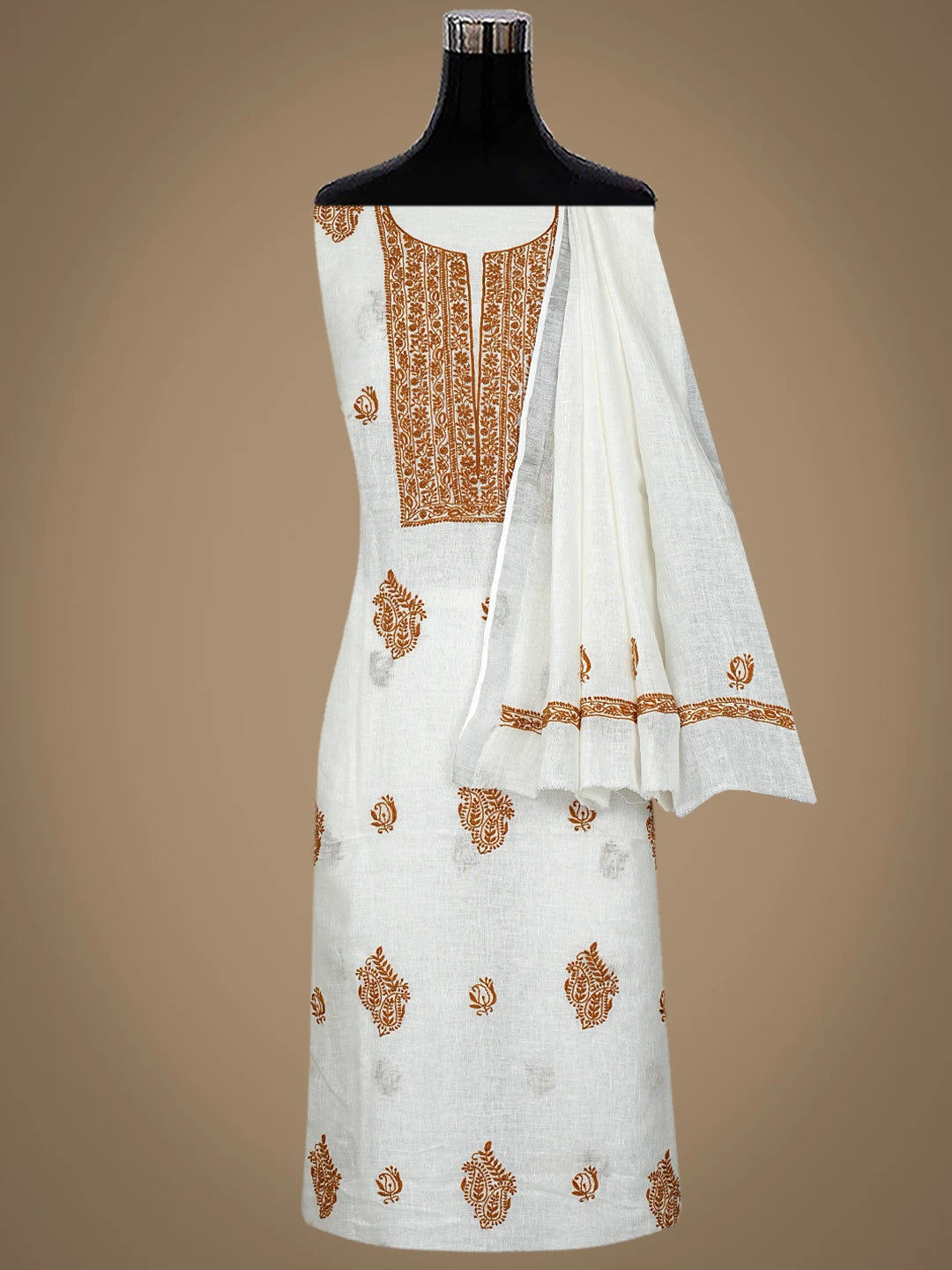 Ada Hand Embroidered White Cosmic Latte Khadi Lucknowi Chikankari Unstitched Kurta Dupatta Set 01A841573