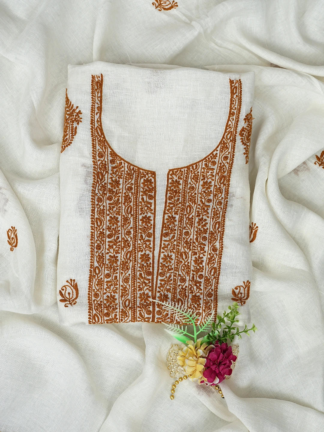 Ada Hand Embroidered White Cosmic Latte Khadi Lucknowi Chikankari Unstitched Kurta Dupatta Set 01A841573