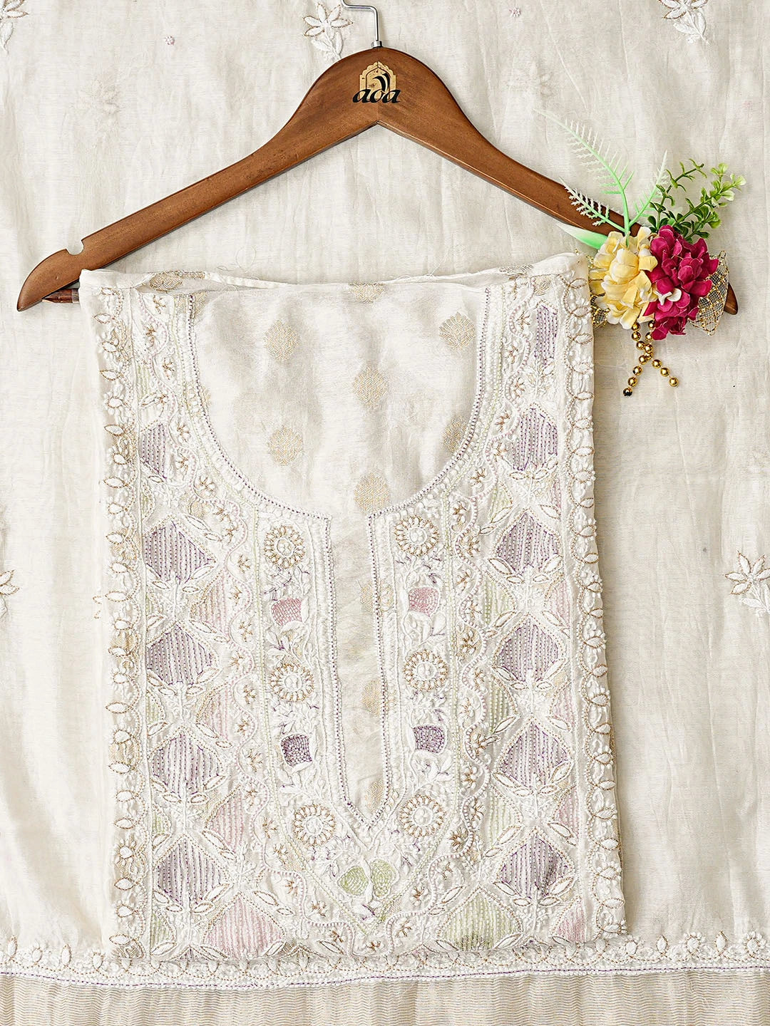 Ada Hand Embroidered White Chanderi Lucknowi Chikankari Semi-Stitched Kurta Dupatta Set With Cutdana Work 01A842665