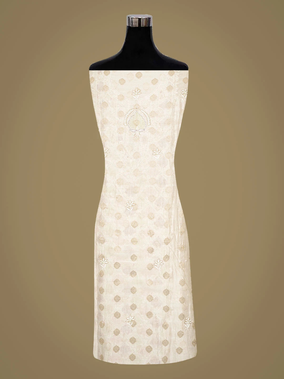 Ada Hand Embroidered White Chanderi Lucknowi Chikankari Semi-Stitched Kurta Dupatta Set With Cutdana Work 01A842665
