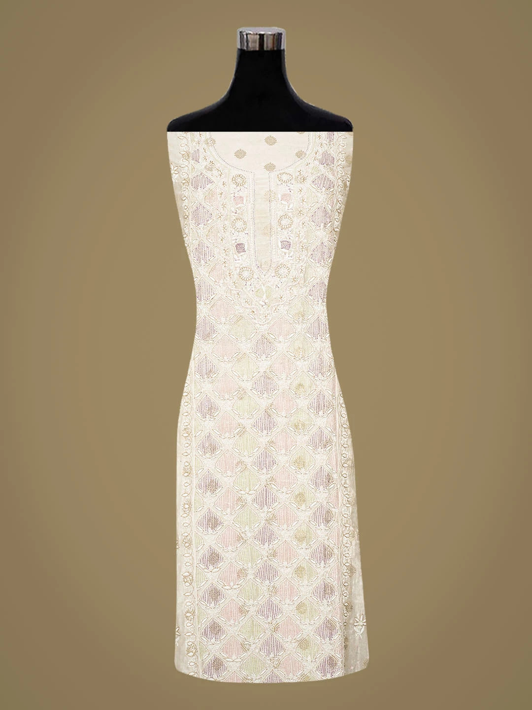 Ada Hand Embroidered White Chanderi Lucknowi Chikankari Semi-Stitched Kurta Dupatta Set With Cutdana Work 01A842665