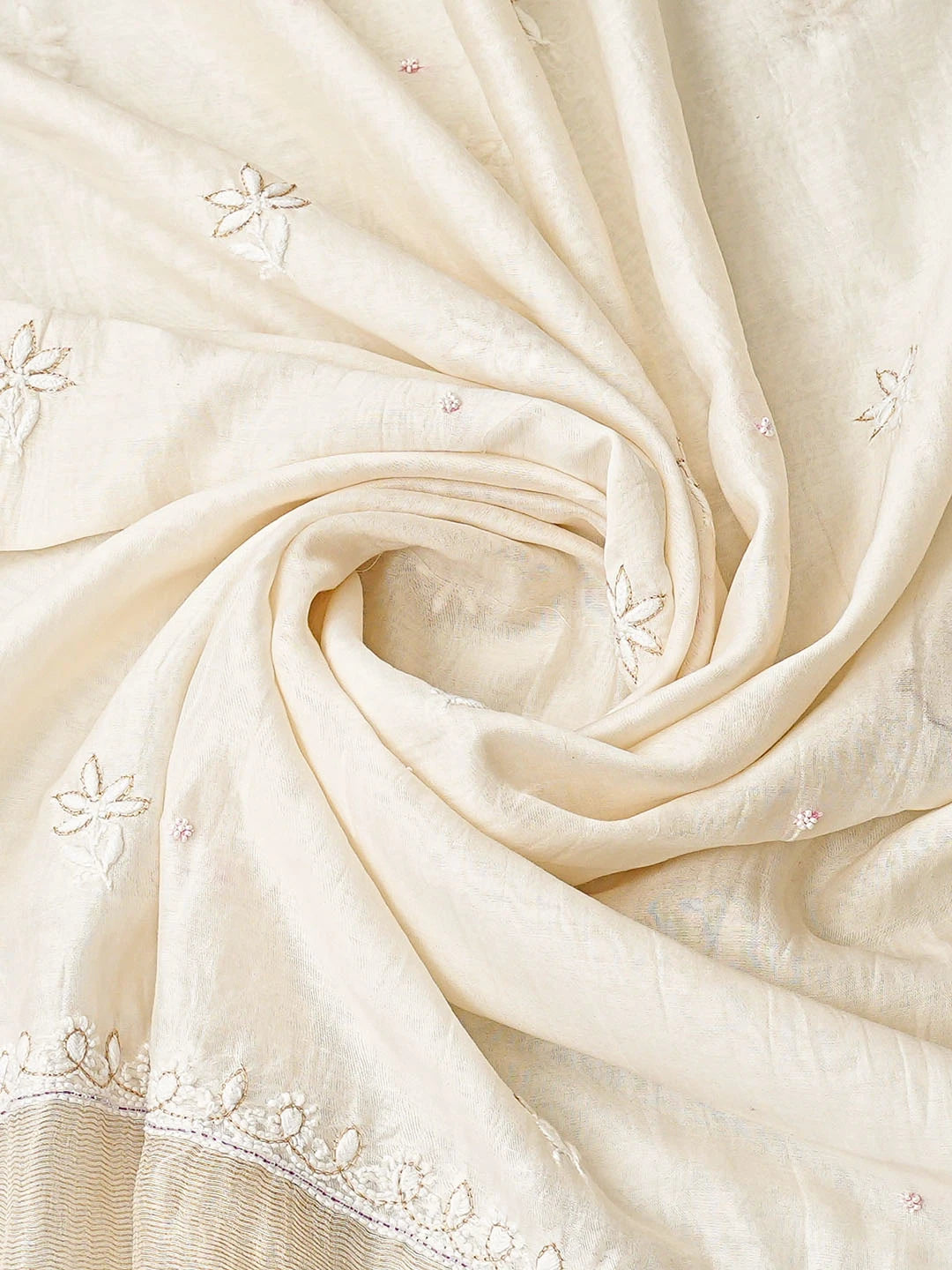 Ada Hand Embroidered White Chanderi Lucknowi Chikankari Semi-Stitched Kurta Dupatta Set With Cutdana Work 01A842665