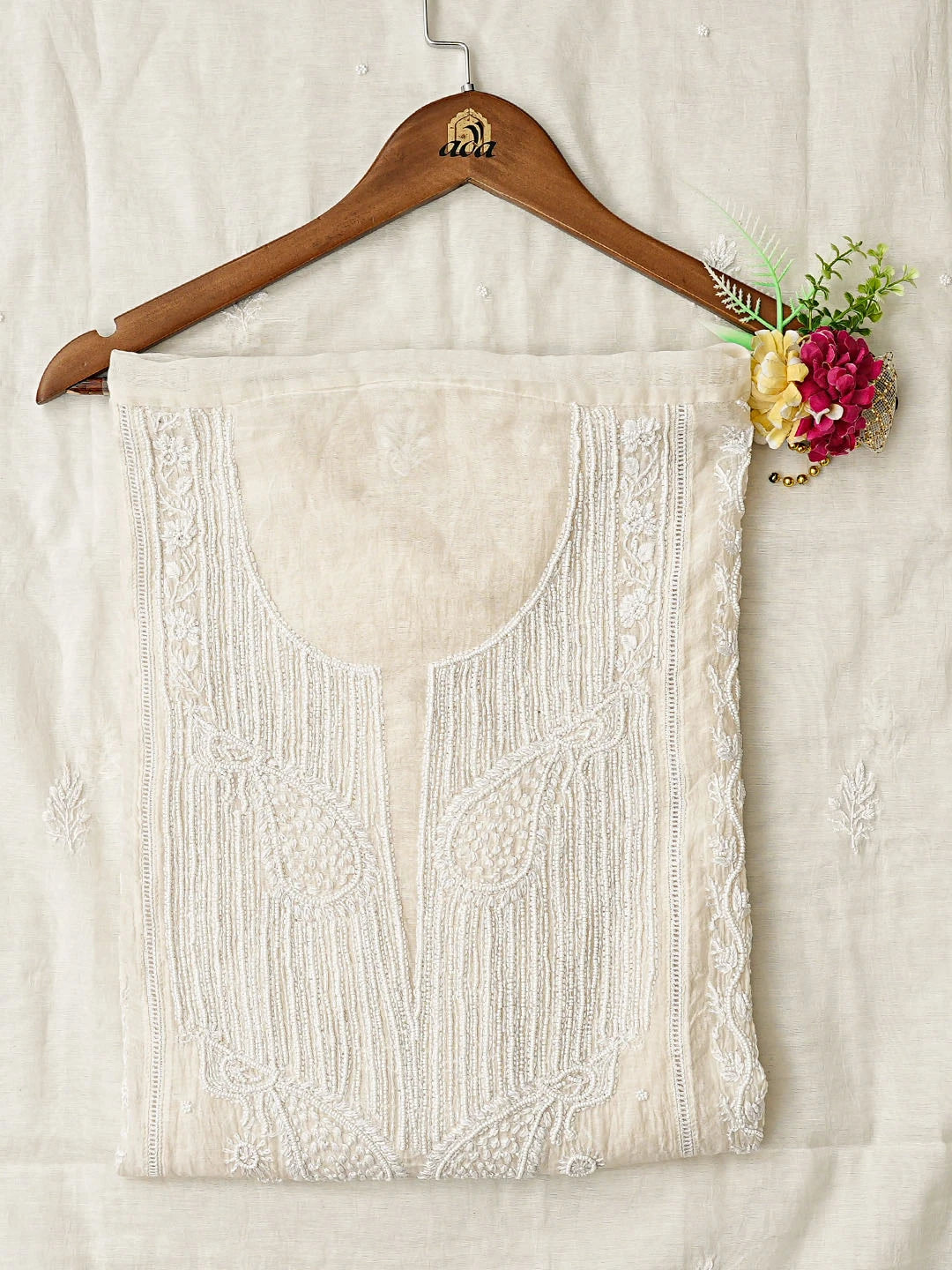 Ada Hand Embroidered White Chanderi Lucknowi Chikankari Semi-Stitched Kurta Dupatta Set With Pearl Work 01A819341