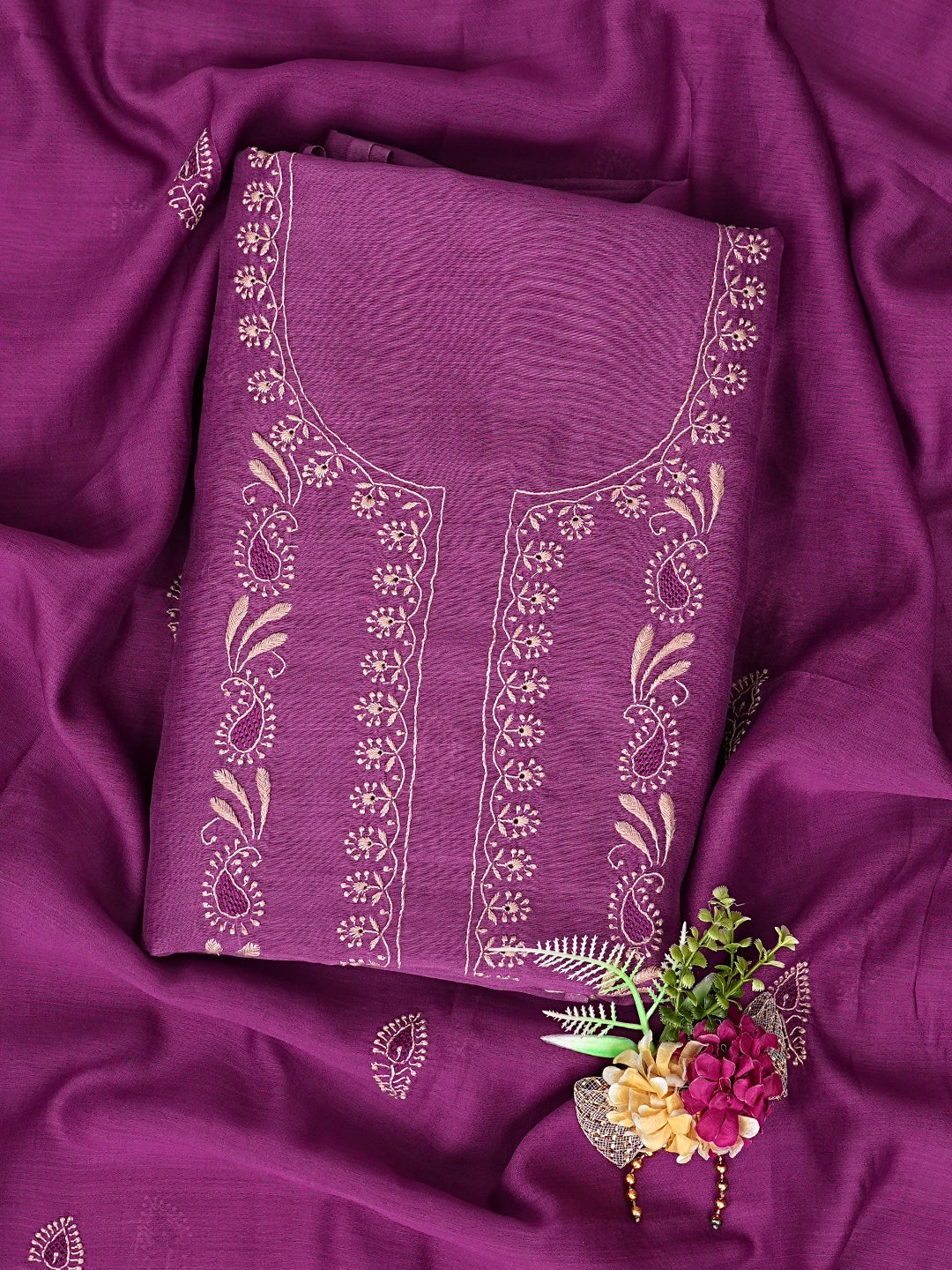 Ada Hand Embroidered Mulberry Pink Chanderi Lucknowi Chikankari Unstitched Kurta Dupatta Set 01A858216
