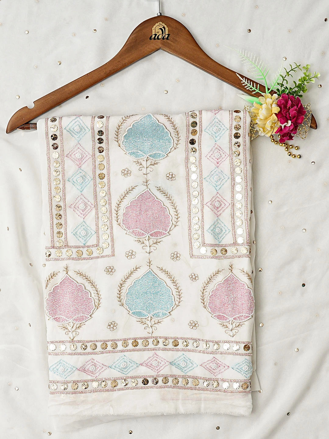 Ada Hand Embroidered White Viscose Georgette Lucknowi Chikankari Unstitched Kurta Dupatta Set With Cutdana Work 01A11131