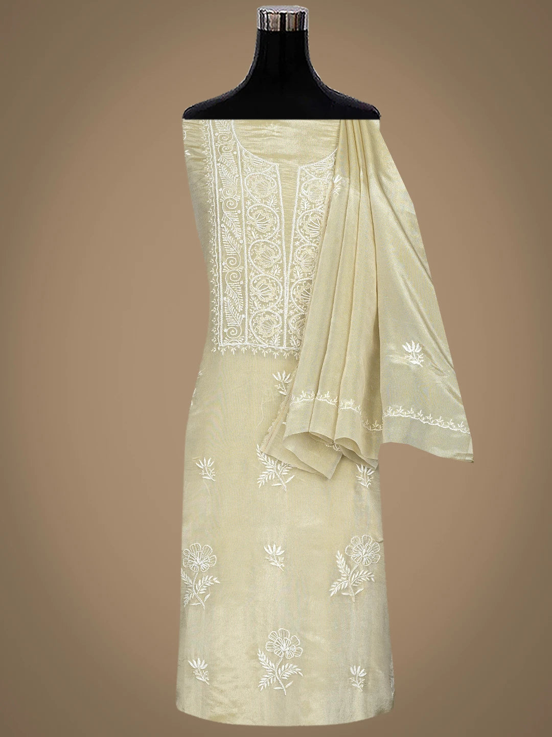 Ada Hand Embroidered Fawn Tissue Lucknowi Chikankari Unstitched Kurta Dupatta Set With Cutdana Work 01A741902
