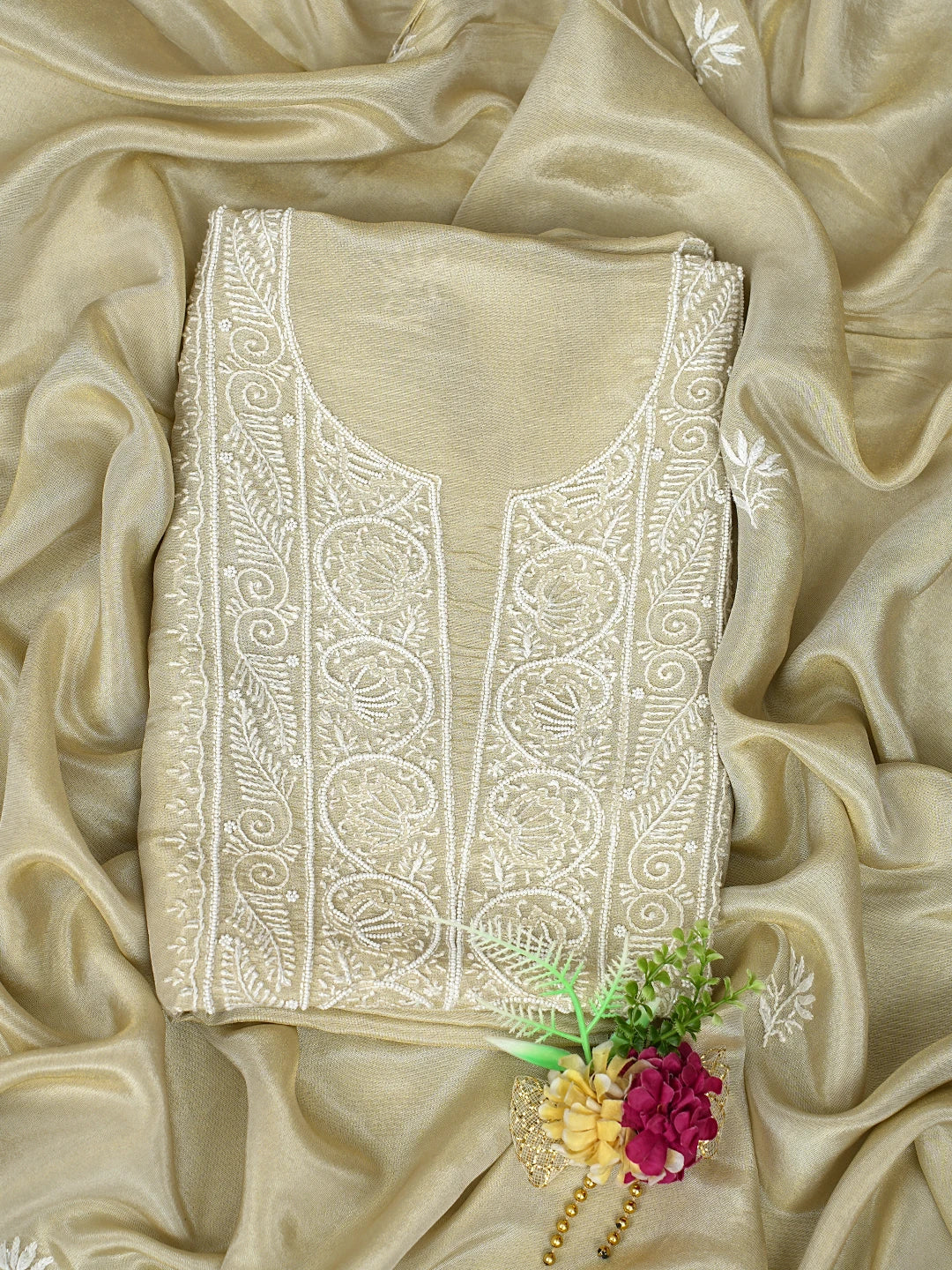 Ada Hand Embroidered Fawn Tissue Lucknowi Chikankari Unstitched Kurta Dupatta Set With Cutdana Work 01A741902