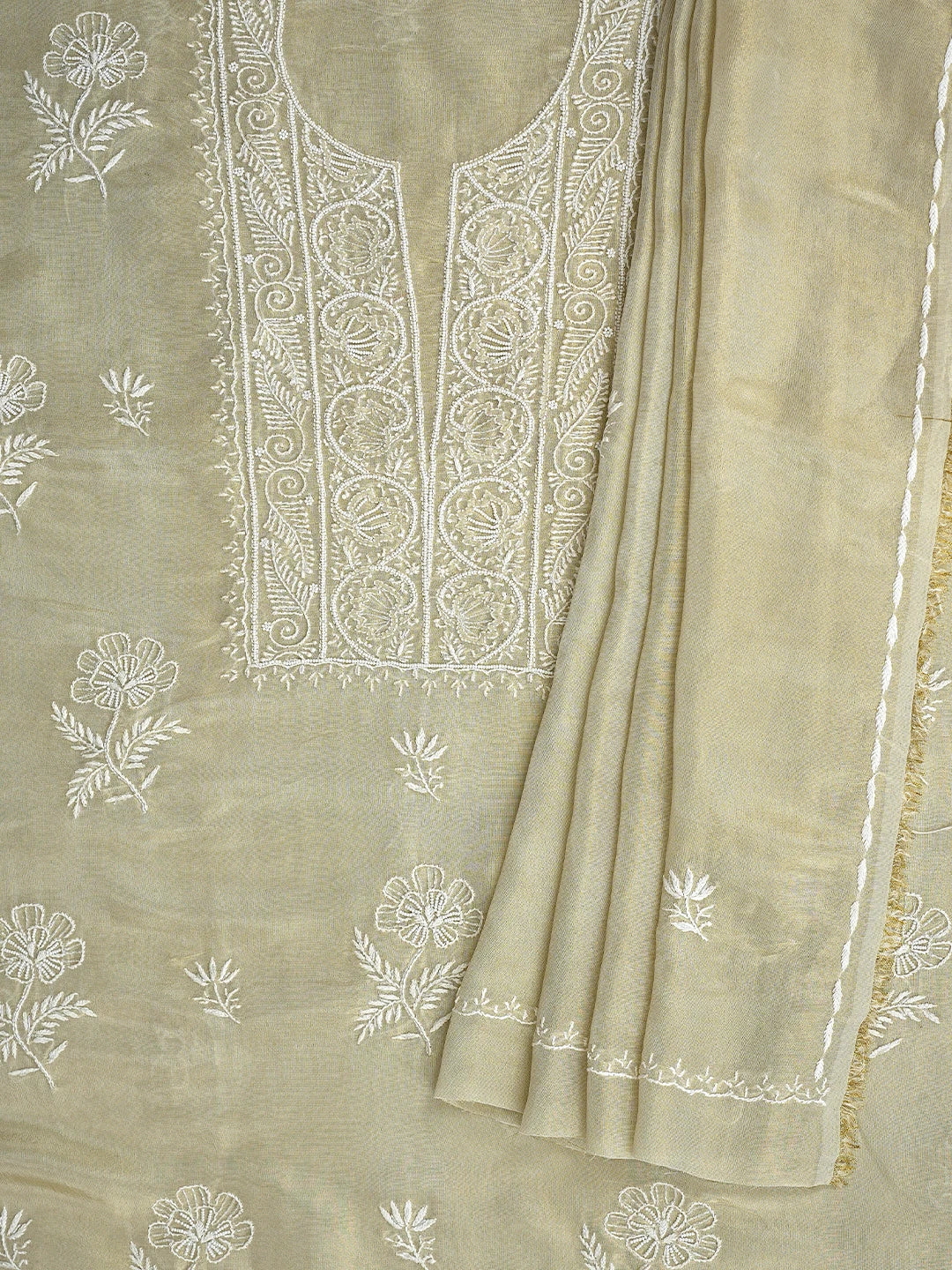 Ada Hand Embroidered Fawn Tissue Lucknowi Chikankari Unstitched Kurta Dupatta Set With Cutdana Work 01A741902