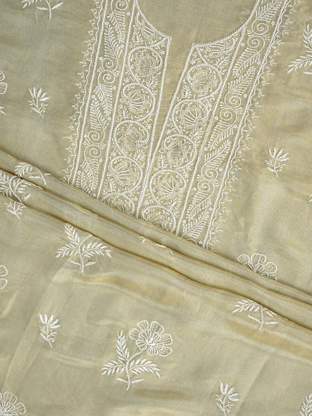 Ada Hand Embroidered Fawn Tissue Lucknowi Chikankari Unstitched Kurta Dupatta Set With Cutdana Work 01A741902