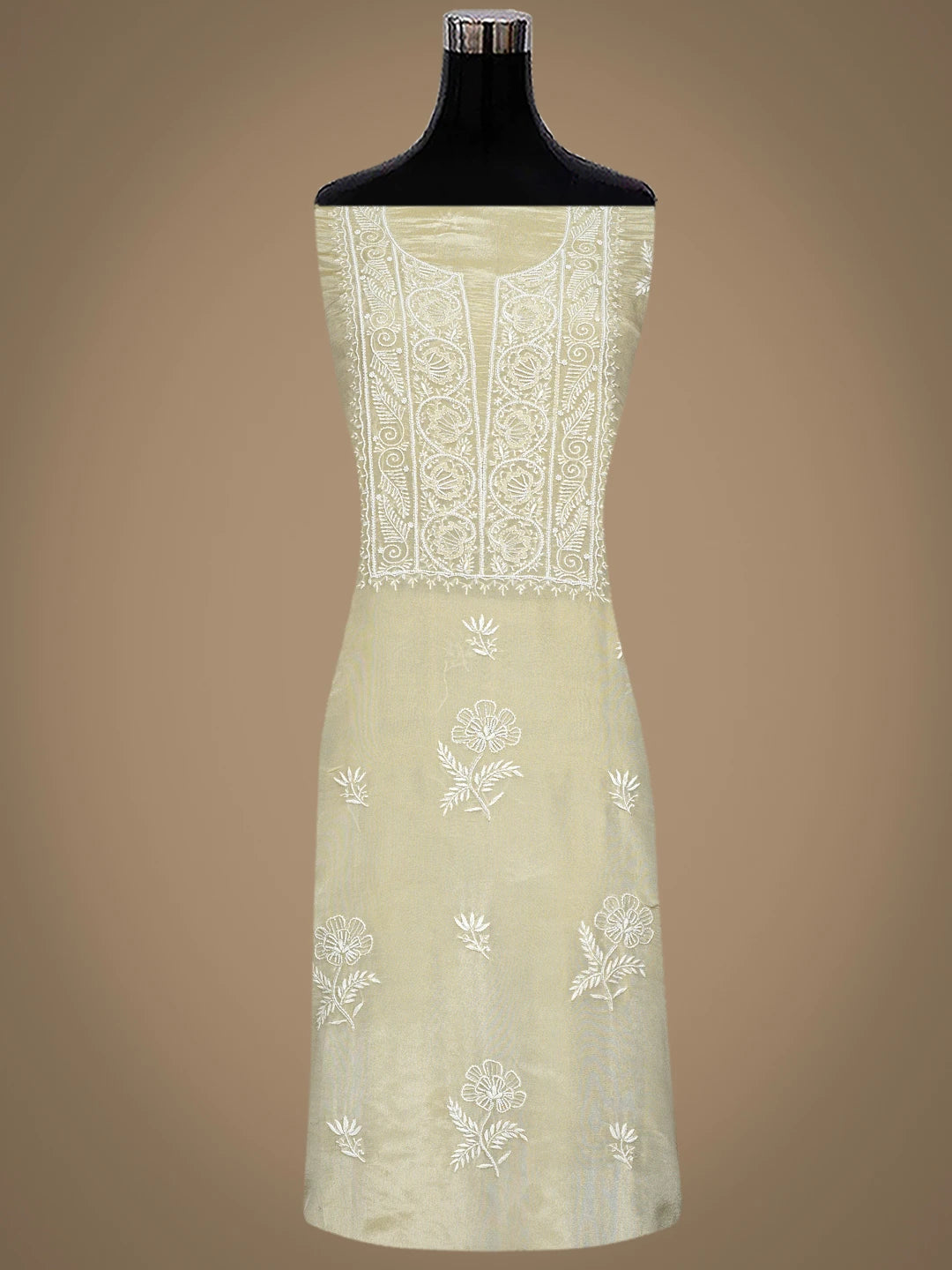 Ada Hand Embroidered Fawn Tissue Lucknowi Chikankari Unstitched Kurta Dupatta Set With Cutdana Work 01A741902