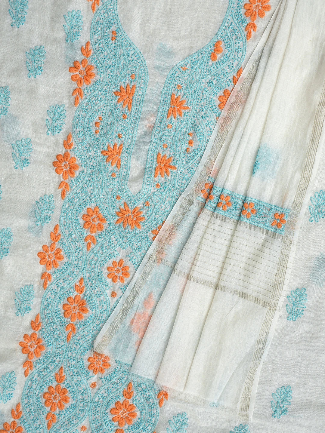 Ada Hand Embroidered White Cornsilk Chanderi Lucknowi Chikankari Unstitched Kurta Dupatta Set 01A862912