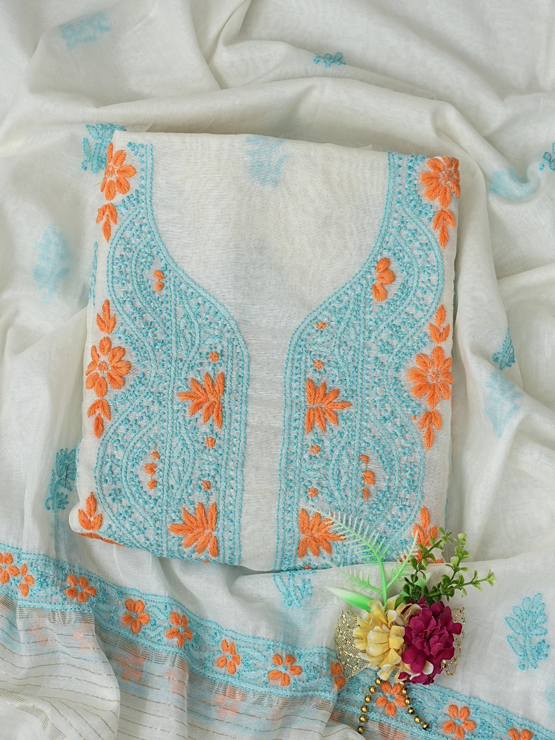 Ada Hand Embroidered White Cornsilk Chanderi Lucknowi Chikankari Unstitched Kurta Dupatta Set 01A862912