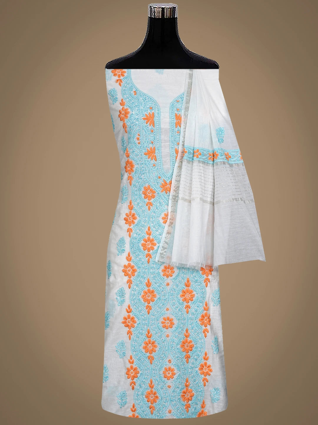 Ada Hand Embroidered White Cornsilk Chanderi Lucknowi Chikankari Unstitched Kurta Dupatta Set 01A862912