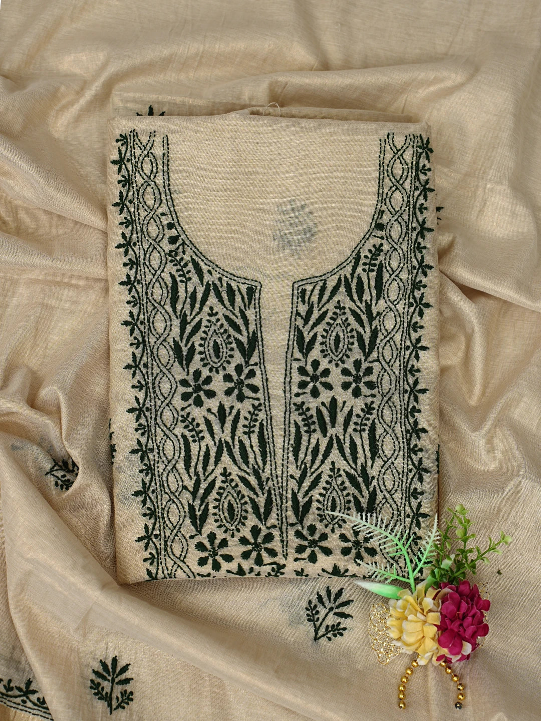 Ada Hand Embroidered Fawn Tissue Lucknowi Chikankari Unstitched Kurta Dupatta Set 01A809538