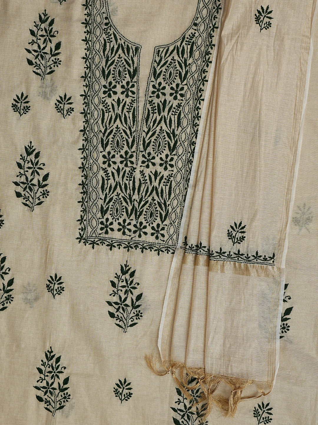 Ada Hand Embroidered Fawn Tissue Lucknowi Chikankari Unstitched Kurta Dupatta Set 01A809538