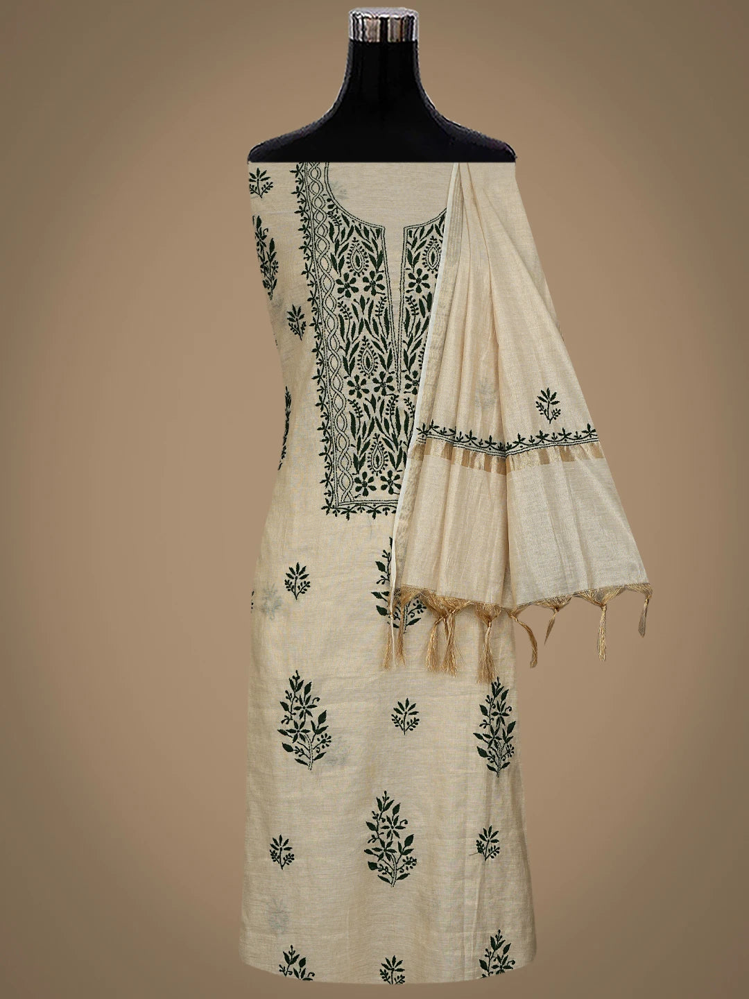 Ada Hand Embroidered Fawn Tissue Lucknowi Chikankari Unstitched Kurta Dupatta Set 01A809538