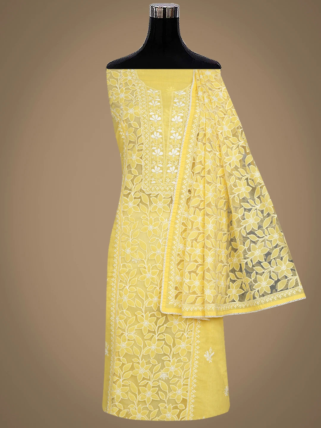 Ada Hand Embroidered Yellow Cotton Lucknowi Chikankari Semi-Stitched Kurta Dupatta Set 01A862898