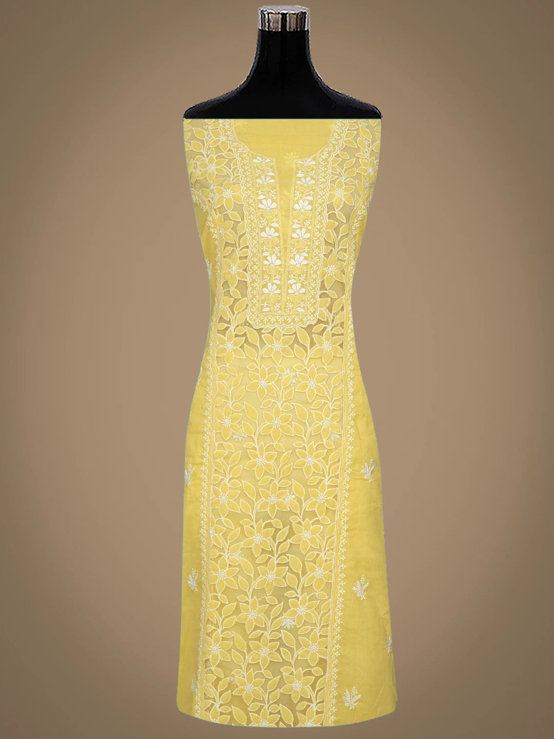 Ada Hand Embroidered Yellow Cotton Lucknowi Chikankari Semi-Stitched Kurta Dupatta Set 01A862898