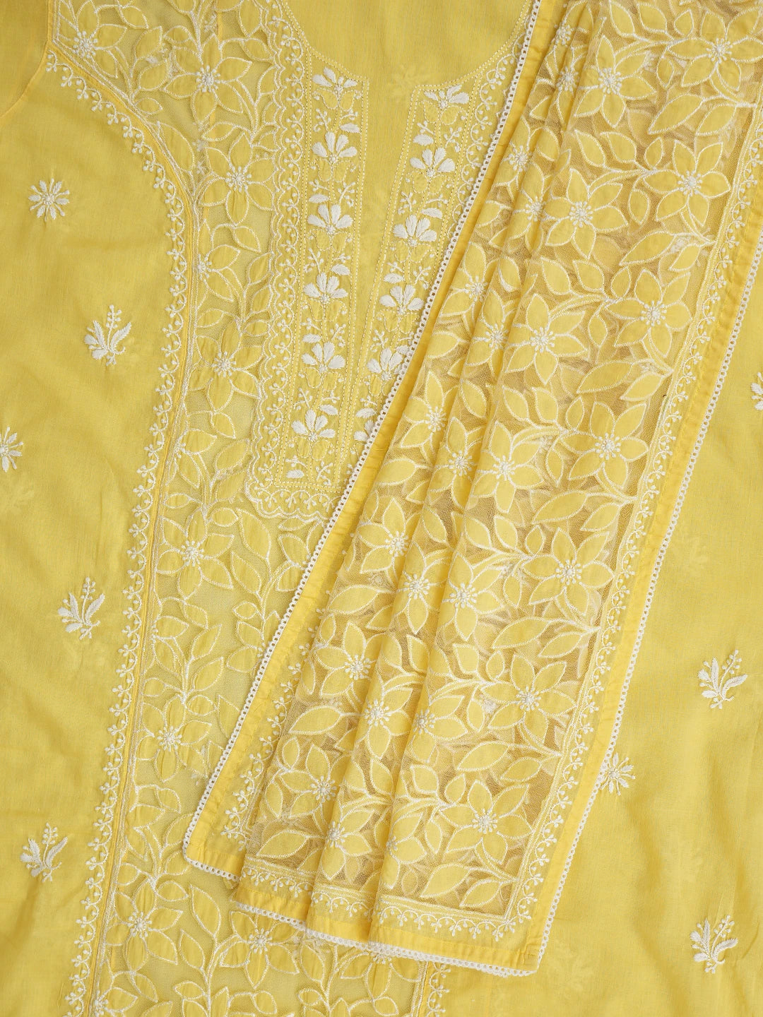 Ada Hand Embroidered Yellow Cotton Lucknowi Chikankari Semi-Stitched Kurta Dupatta Set 01A862898