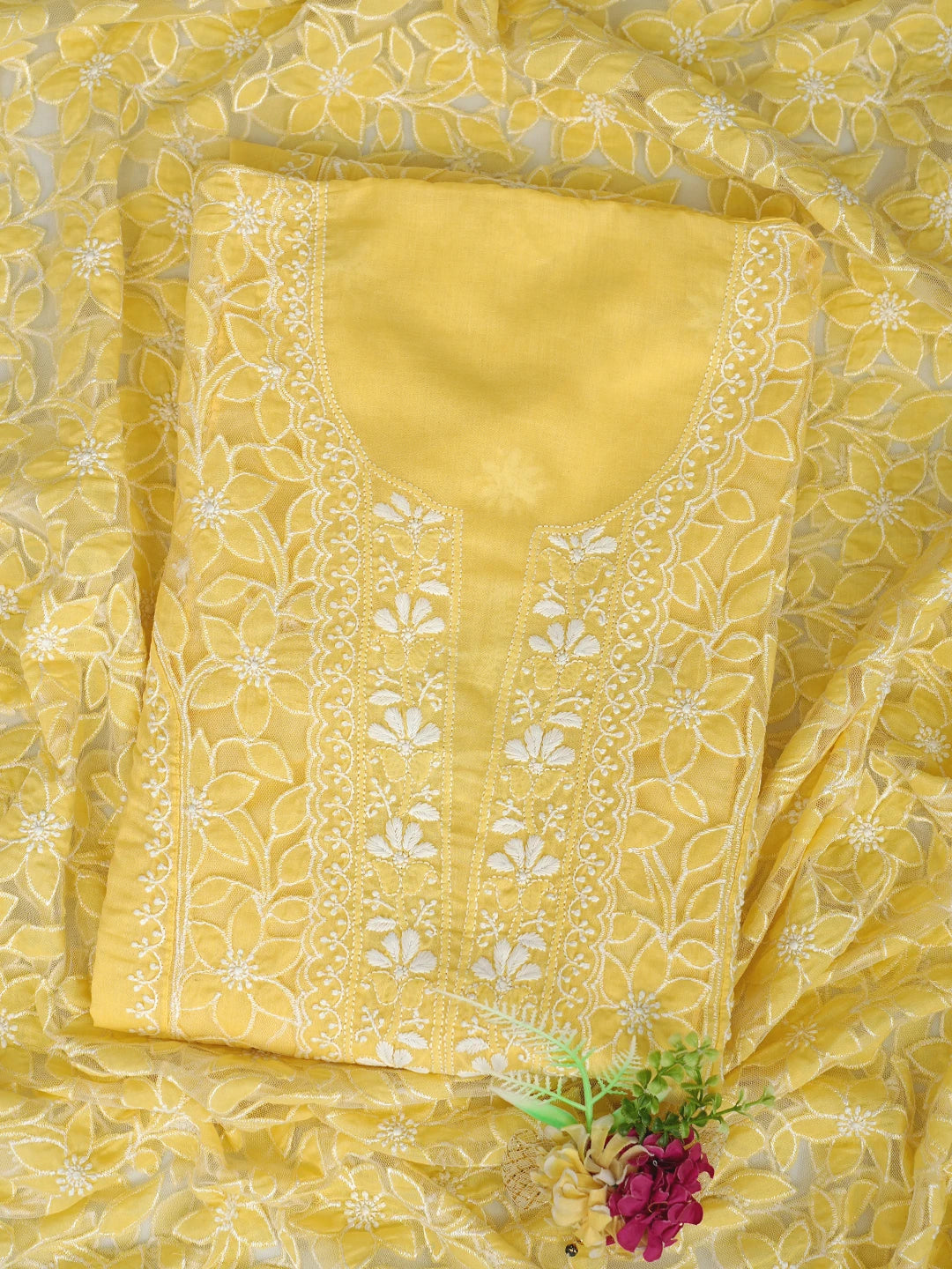 Ada Hand Embroidered Yellow Cotton Lucknowi Chikankari Semi-Stitched Kurta Dupatta Set 01A862898