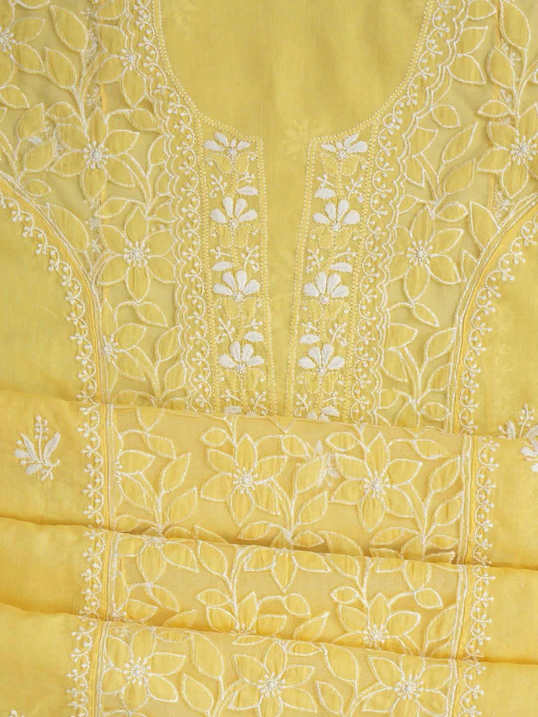 Ada Hand Embroidered Yellow Cotton Lucknowi Chikankari Semi-Stitched Kurta Dupatta Set 01A862898