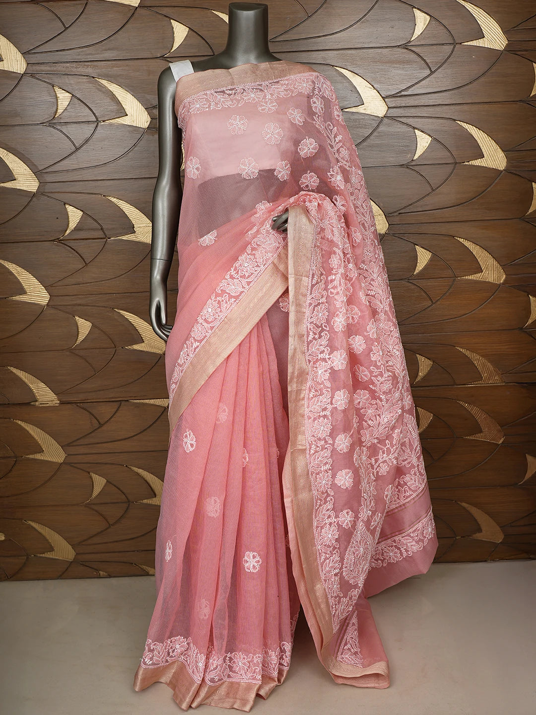 Ada Hand Embroidered Candlelight Peach Chanderi Lucknowi Chikankari Saree With Blouse 01A863180