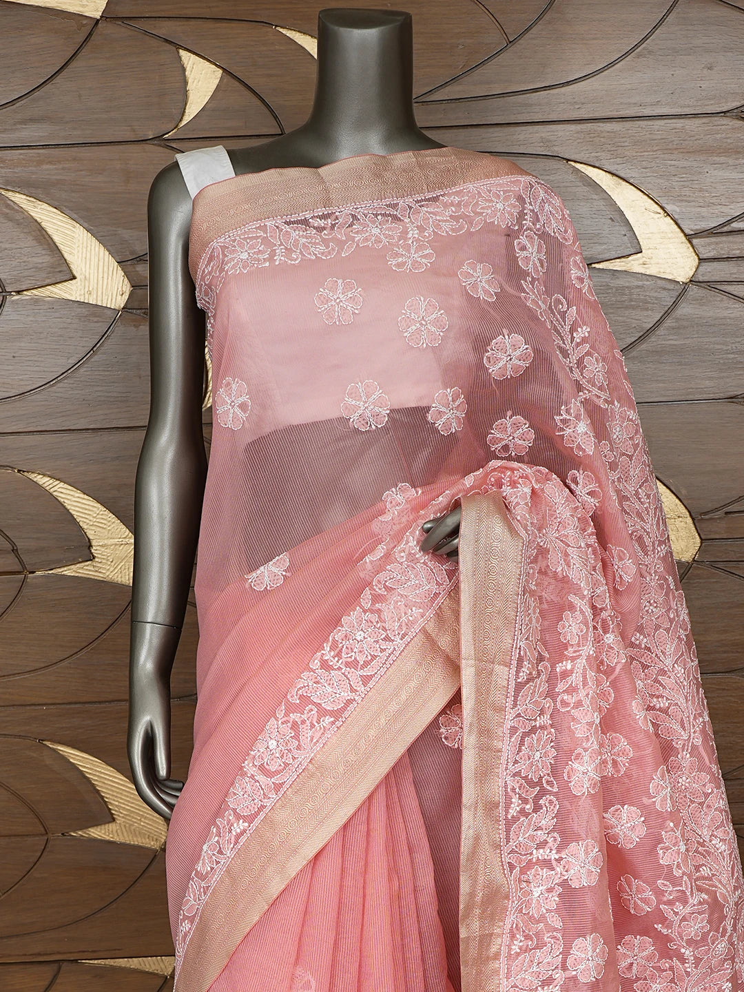 Ada Hand Embroidered Candlelight Peach Chanderi Lucknowi Chikankari Saree With Blouse 01A863180