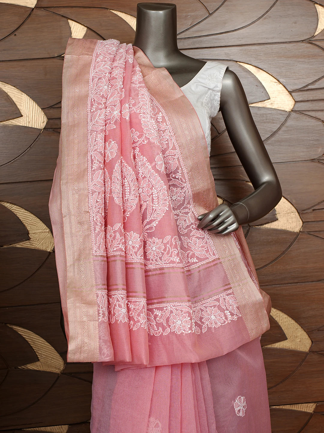 Ada Hand Embroidered Candlelight Peach Chanderi Lucknowi Chikankari Saree With Blouse 01A863180