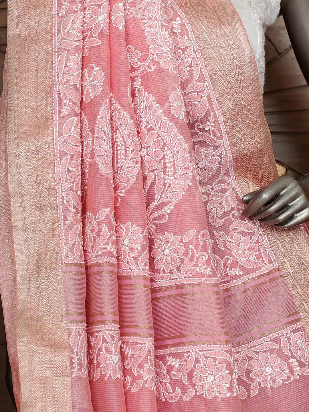 Ada Hand Embroidered Candlelight Peach Chanderi Lucknowi Chikankari Saree With Blouse 01A863180
