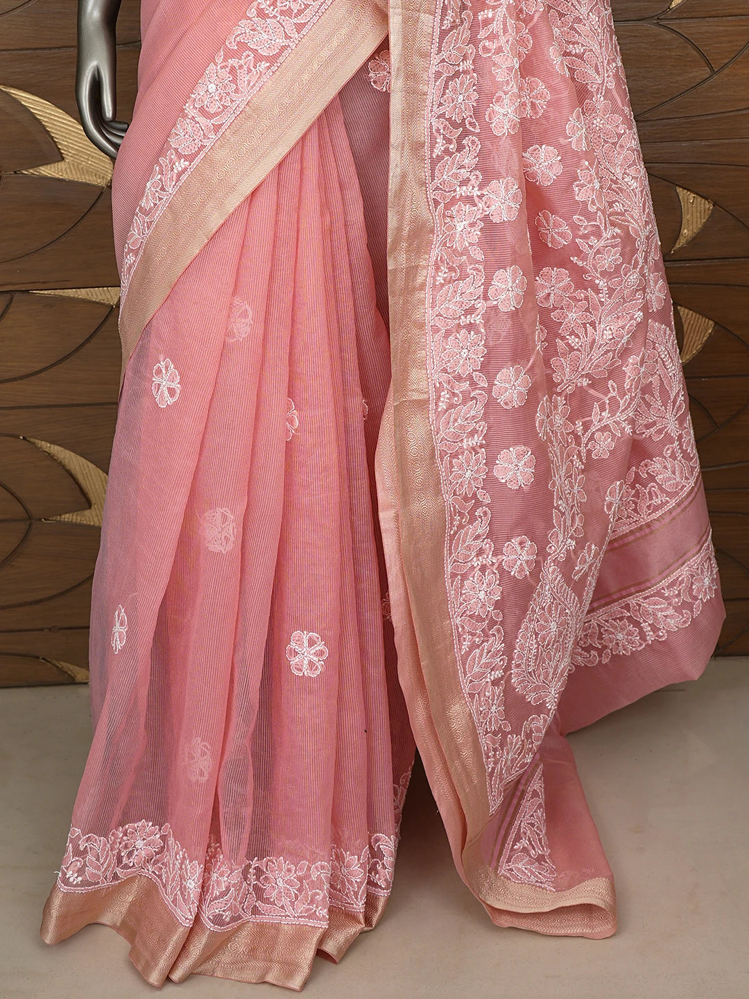 Ada Hand Embroidered Candlelight Peach Chanderi Lucknowi Chikankari Saree With Blouse 01A863180