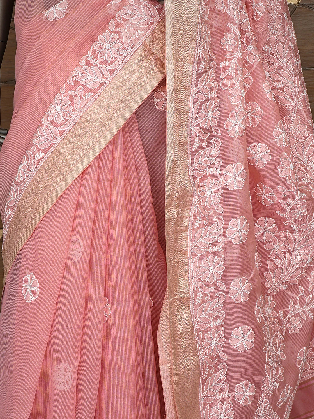 Ada Hand Embroidered Candlelight Peach Chanderi Lucknowi Chikankari Saree With Blouse 01A863180