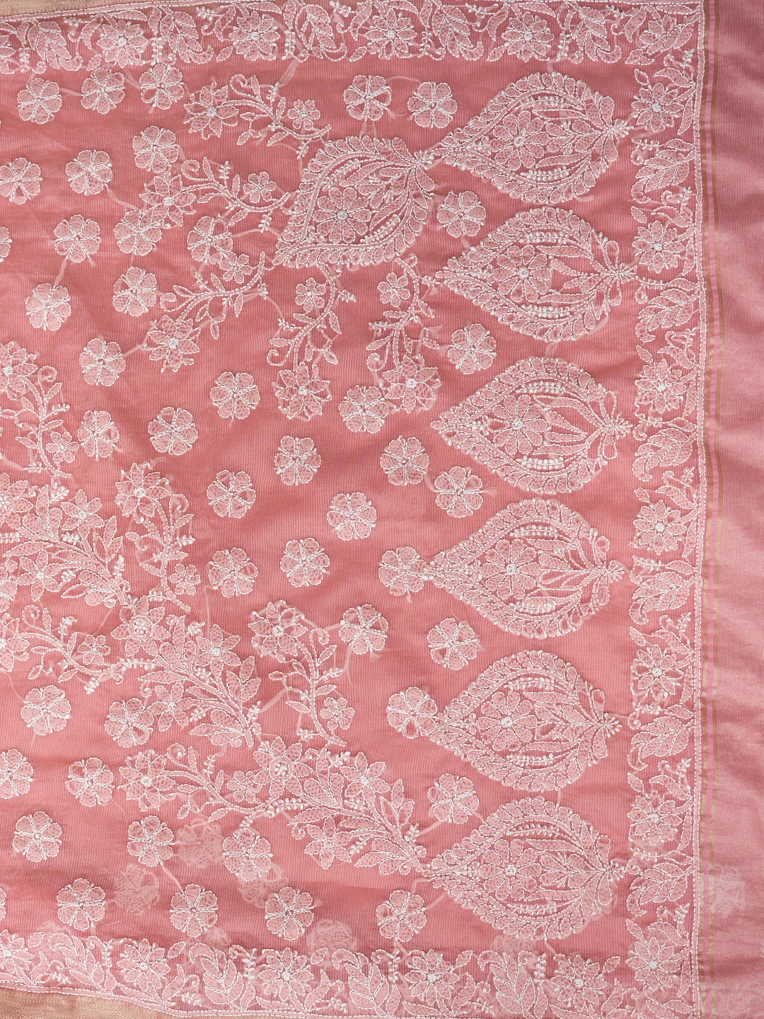 Ada Hand Embroidered Candlelight Peach Chanderi Lucknowi Chikankari Saree With Blouse 01A863180