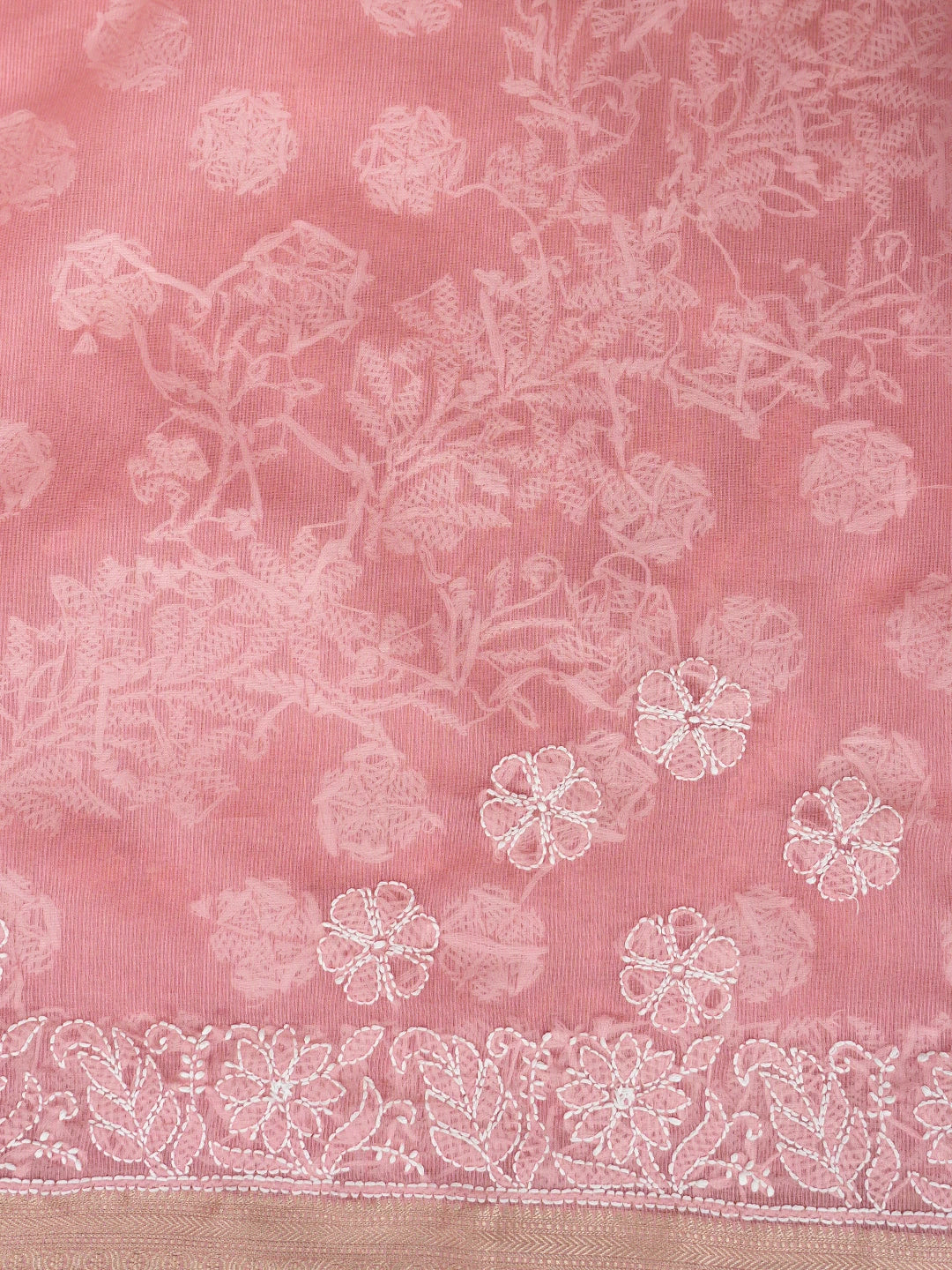 Ada Hand Embroidered Candlelight Peach Chanderi Lucknowi Chikankari Saree With Blouse 01A863180