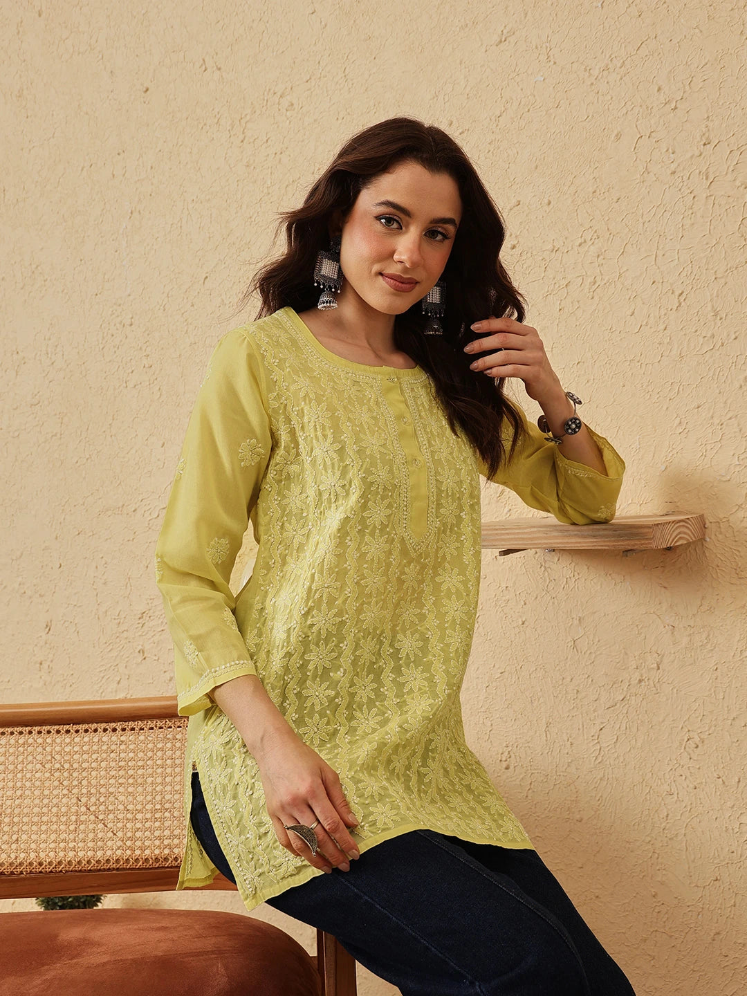 Ada Hand Embroidered Lime Green Cotton Lucknowi Chikankari Short Kurti A911521