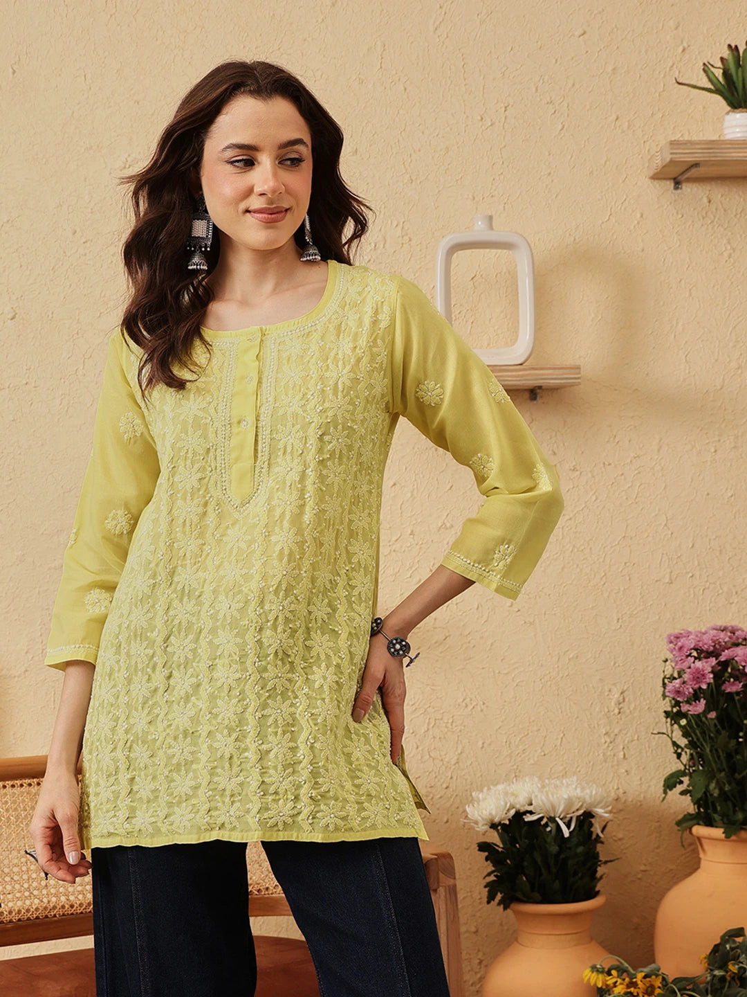 Ada Hand Embroidered Lime Green Cotton Lucknowi Chikankari Short Kurti A911521