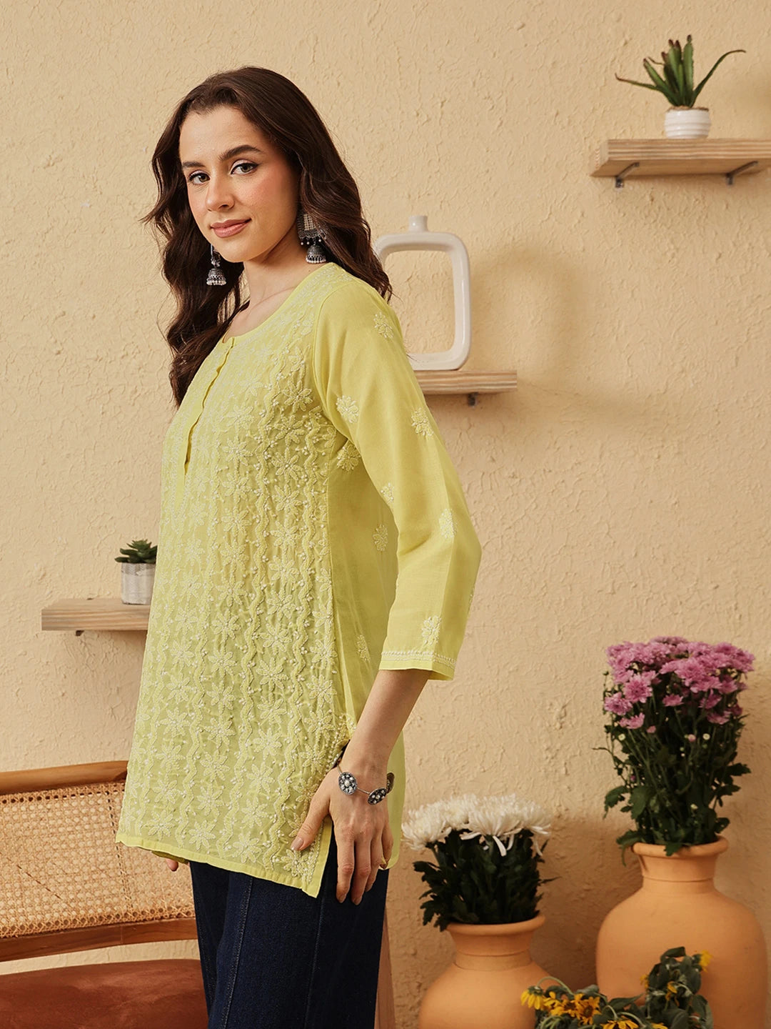 Ada Hand Embroidered Lime Green Cotton Lucknowi Chikankari Short Kurti A911521
