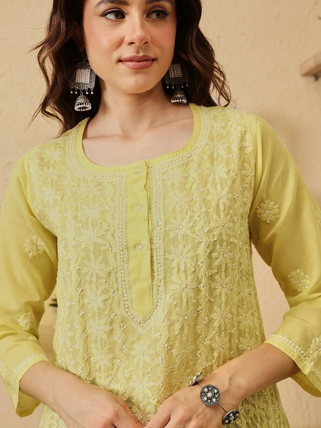 Ada Hand Embroidered Lime Green Cotton Lucknowi Chikankari Short Kurti A911521