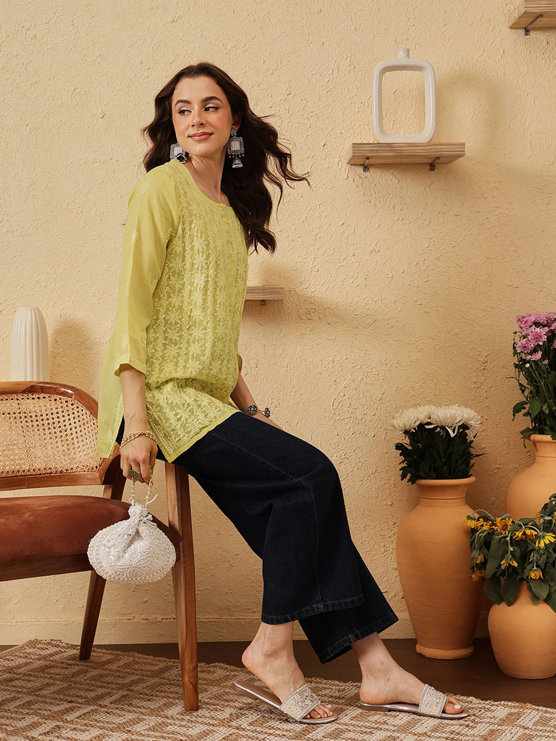 Ada Hand Embroidered Lime Green Cotton Lucknowi Chikankari Short Kurti A911521