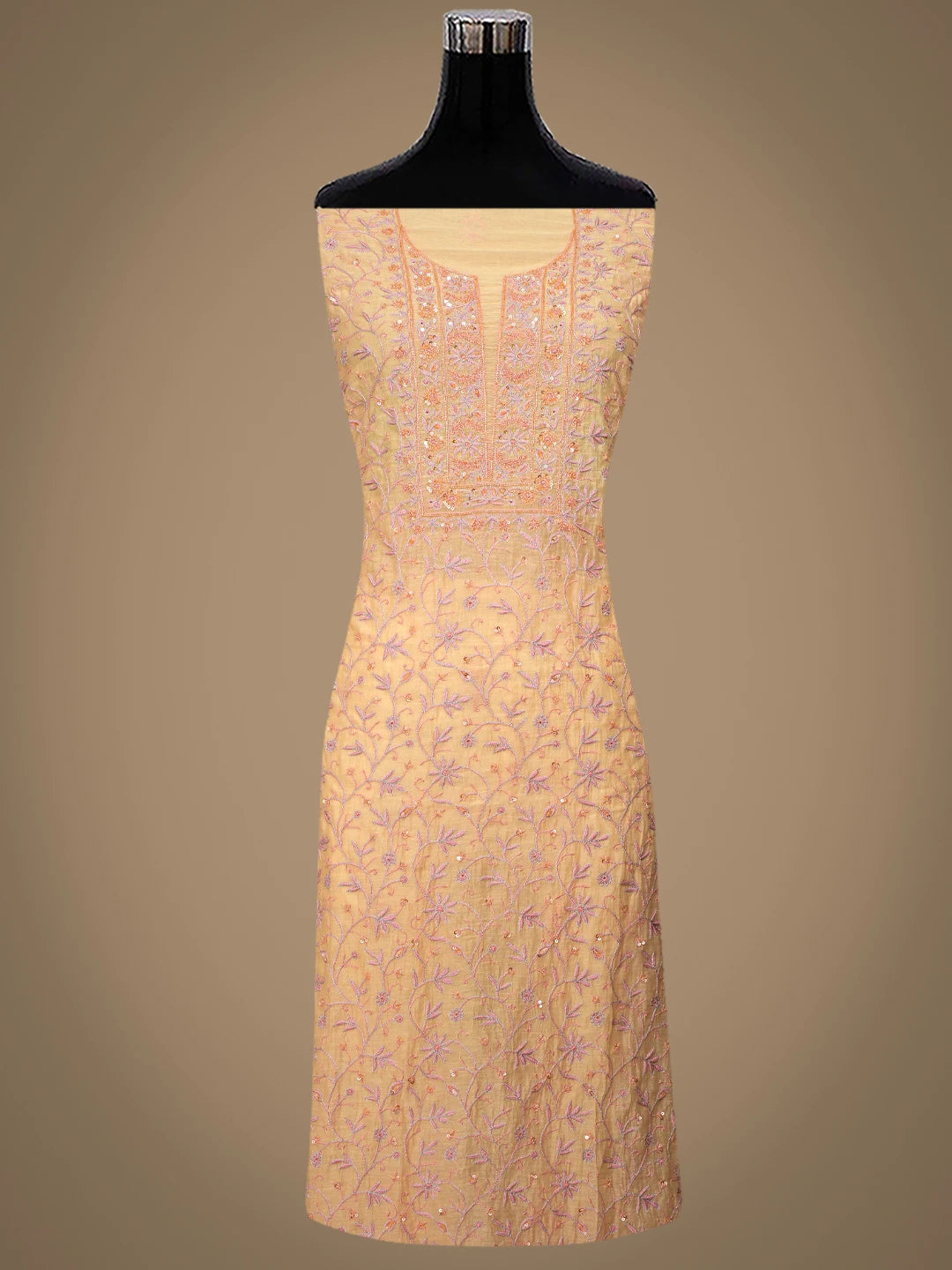 Ada Hand Embroidered Peach Chanderi Lucknowi Chikankari Unstitched Kurta Dupatta Set With Zari Work 01A685714
