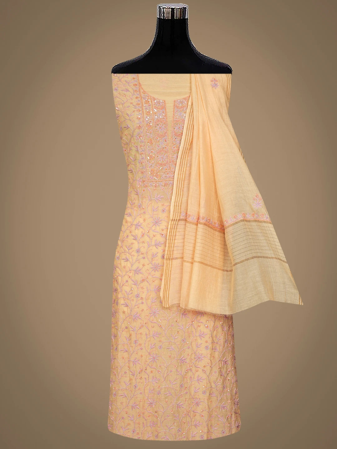 Ada Hand Embroidered Peach Chanderi Lucknowi Chikankari Unstitched Kurta Dupatta Set With Zari Work 01A685714