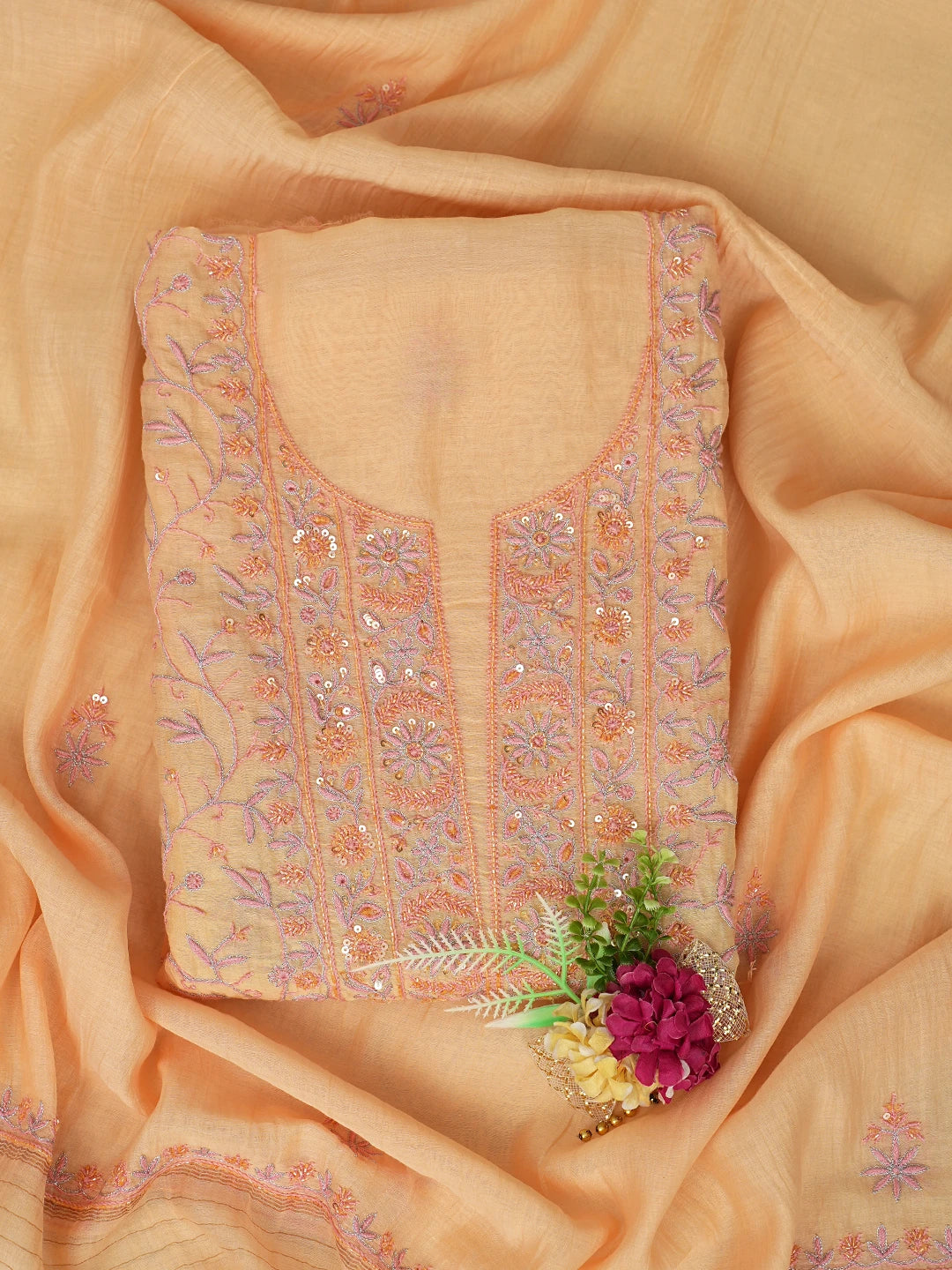 Ada Hand Embroidered Peach Chanderi Lucknowi Chikankari Unstitched Kurta Dupatta Set With Zari Work 01A685714