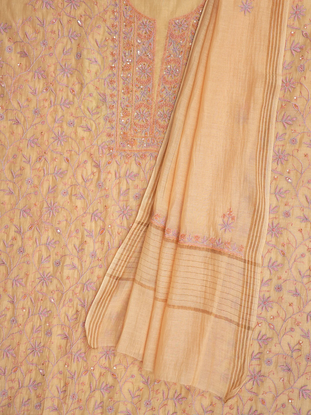 Ada Hand Embroidered Peach Chanderi Lucknowi Chikankari Unstitched Kurta Dupatta Set With Zari Work 01A685714