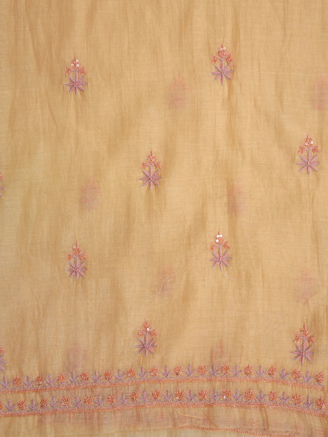 Ada Hand Embroidered Peach Chanderi Lucknowi Chikankari Unstitched Kurta Dupatta Set With Zari Work 01A685714